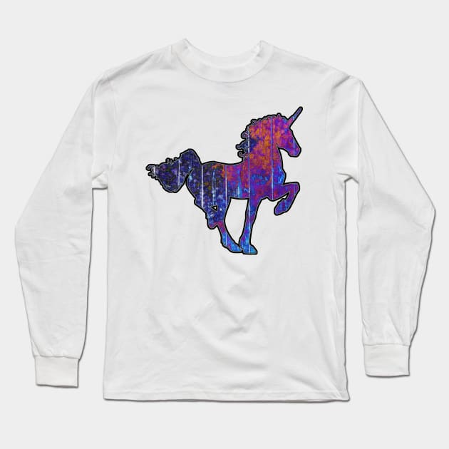 Purple Painted Wooden Unicorn Long Sleeve T-Shirt by crunchysqueak